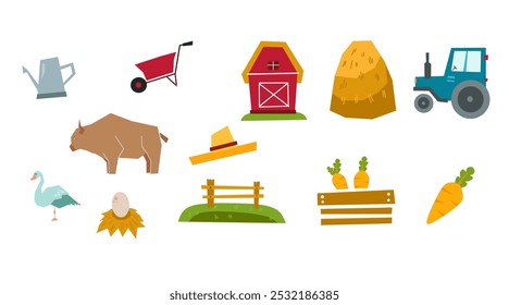 collection of colorful hand-drawn children's elements about the farm. Vector hand drawn characters of domestic animals, countryside, houses and barns with tractor egg carrot and garden.