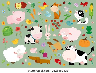 Collection of colorful hand-drawn children's elements about the farm. Vector hand drawn characters of domestic animals, countryside, houses and barns with tractor and garden