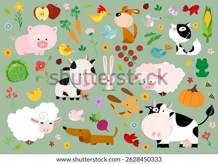 Collection of colorful hand-drawn children's elements about the farm. Vector hand drawn characters of domestic animals, countryside, houses and barns with tractor and garden