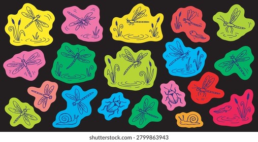 A collection of colorful, hand-drawn insects and aquatic creatures like dragonflies, beetles, snails, and tadpoles, set against a black background.