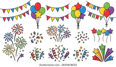 A collection of colorful hand-drawn party elements including balloons, bunting flags, fireworks, and confetti on a white background.