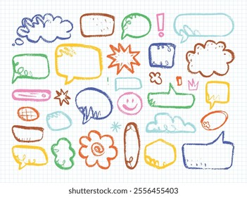 A collection of colorful hand-drawn speech bubbles of various shapes and abstract doodles. The style of a child's drawing or sketch.