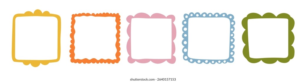 A collection of colorful hand-drawn square frames. Vector decorative borders for scrapbooking, greeting cards, invitations, photo albums, labels, posters, and creative design projects. 