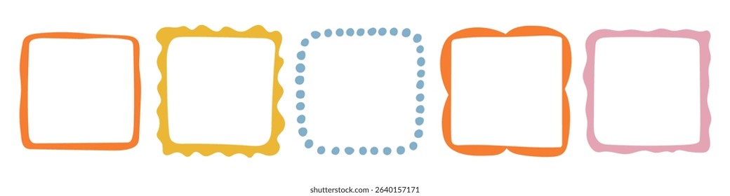 A collection of colorful hand-drawn square frames. Vector decorative borders for scrapbooking, greeting cards, invitations, photo albums, labels, posters, and creative design projects. 