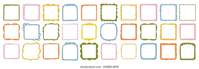 A collection of colorful hand-drawn square frames. Vector decorative borders for scrapbooking, greeting cards, invitations, photo albums, labels, posters, and creative design projects. 