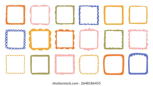 A collection of colorful hand-drawn square frames. Vector decorative borders for scrapbooking, greeting cards, invitations, photo albums, labels, posters, and creative design projects. 