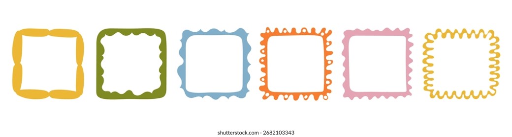 A collection of colorful hand-drawn square frames. Vector decorative borders for scrapbooking, greeting cards, invitations, photo albums, labels, posters, and creative design projects. 