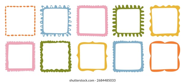 Eine Sammlung von bunten handgezeichneten quadratischen Rahmen. Vektordekorative Rahmen für Scrapbooking, Grußkarten, Einladungen, Fotoalben, Labels, Poster und kreative Designprojekte. 