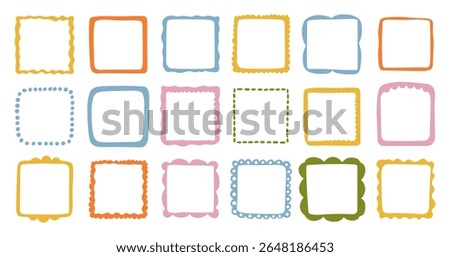 A collection of colorful hand-drawn square frames. Vector decorative borders for scrapbooking, greeting cards, invitations, photo albums, labels, posters, and creative design projects. 