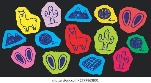 A collection of colorful, hand-drawn style illustrations on a dark background, featuring llamas, cacti, mountains, yarn balls, and a folded blanket.
