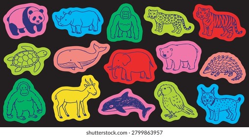 A collection of colorful, hand-drawn style illustrations of various animals against a black background. The animals include a panda, rhino, gorilla, leopard, tiger, turtle, whale, elephant, bear, hedgehog, orangutan, antelope, dolphin, parrot, and lynx.