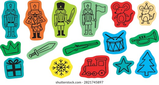 A collection of colorful, hand-drawn style illustrations of nutcrackers, mice, a train, a Christmas tree, a snowflake, a gift, a crown, a sword, a rifle, a drum, and a trumpet.