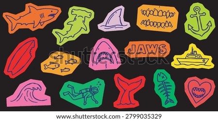 A collection of colorful, hand-drawn style illustrations related to sharks and the ocean, including sharks, a diver, a surfboard, a boat, and the word JAWS.
