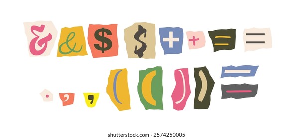 Collection of colorful hand-drawn symbols including ampersands, dollar signs, and punctuation on torn paper pieces. Creative design on a white background. Vector illustration.