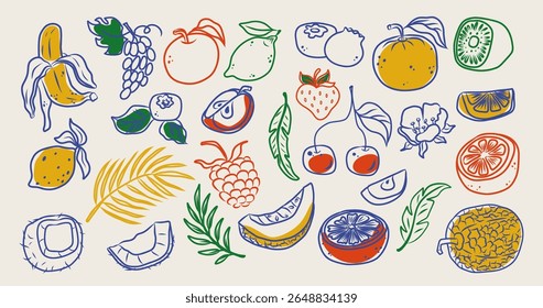 Coleção de doodles coloridos de frutas tropicais desenhadas à mão: banana, limão, kiwi, laranja, cereja, melão, framboesa, coco, fatias de citrinos, folhas de palma. Divertidos ícones vetoriais de verão para impressão ou design.