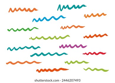 A collection of colorful, hand-drawn wavy lines in various shapes and hues isolated on a white background.