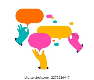 Collection of colorful hands holding speech bubbles. Business, social media, communication theme website concept illustrations