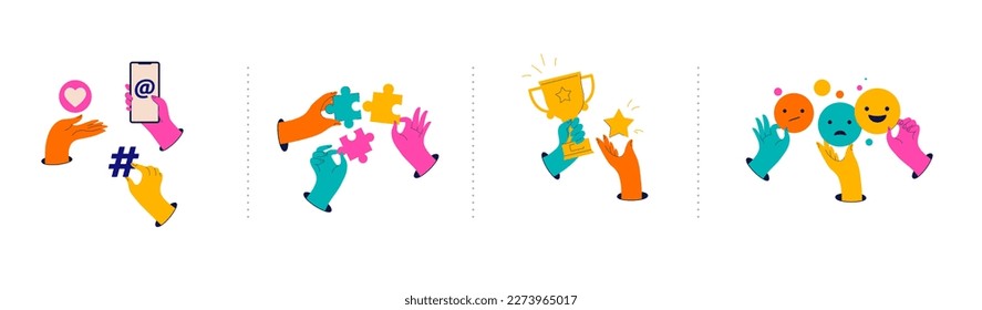 Collection of colorful hands holding stuff. Business, social media, communication theme website concept illustrations