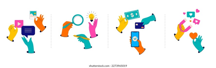Collection of colorful hands holding stuff. Business, social media, communication theme website concept illustrations