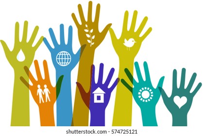 Collection of  colorful hands with icons. Vector