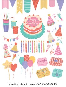 Collection of colorful happy birthday party vector illustration for design