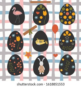 Collection Of Colorful Happy Easter Eggs with flowers, berries and animals. Retro Style. Colorful Design Vector Illustration.