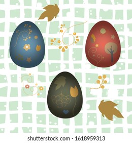 Collection Of Colorful Happy Easter Eggs with flowers, berries and trees. Retro Style. Colorful Design Vector Illustration.