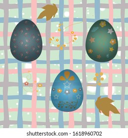 Collection Of Colorful Happy Easter Eggs with flowers, berries and trees. Retro Style. Colorful Design Vector Illustration.