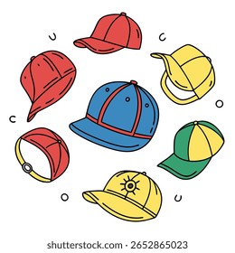 A collection of colorful hats arranged in a circle on a white background, including top hats, baseball caps, and sun ha