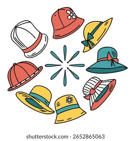 A collection of colorful hats arranged in a circle on a white background, including top hats, baseball caps, and sun ha