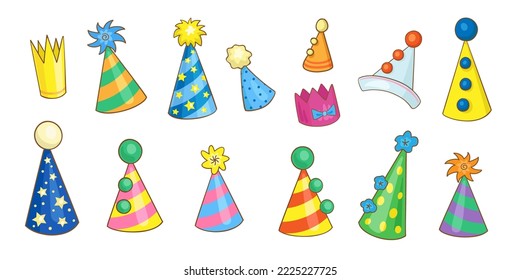 Collection of colorful hats for a birthday party. In cartoon style. Isolated on white background. Vector  illustration.