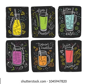 Collection of colorful healthy drinks - smoothie, detox water, lemonade, juice. Set of fresh tasty beverages made of tropical fruits, berries, green vegetables. Bright colored vector illustration.