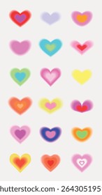 A collection of colorful heart shapes with glowing effects. Hearts in various colors like pink, red, and blue. Bright, glowing heart designs on a white background. Cute glowing element set vector.