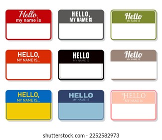 Collection of colorful Hello My Name cards. Name tags for street art artists