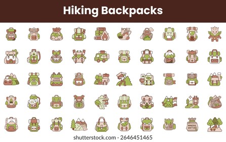 A collection of colorful hiking backpacks, showcasing various styles and designs, perfect for outdoor adventures. Ideal for nature enthusiasts and explorers.