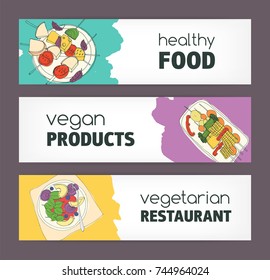 Collection of colorful horizontal banner templates with hand drawn vegan and vegetarian dishes lying on plates. Healthy organic food. Vector illustration for veggie restaurant advertisement, promo.