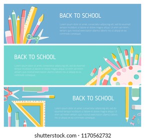 Collection of colorful horizontal web banner templates for Back To School season with place for text and decorated by education supplies. Vector illustration in trendy flat style for 1st of September.