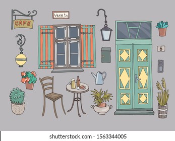 Collection of colorful house elements. Old european city Tallinn. Vintage wooden door and windows, street details. Hand-drawn vector illustration.