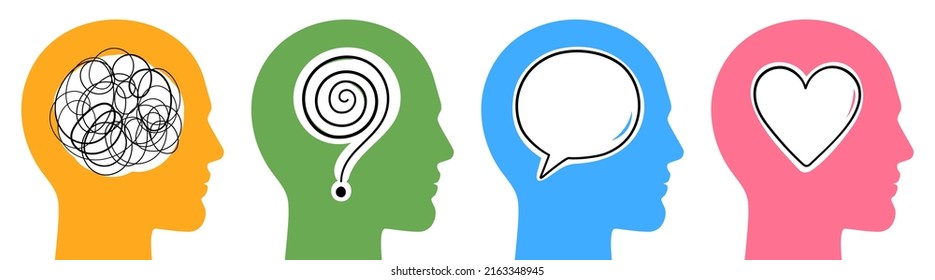 Collection of colorful human heads with different emotional symbols. Man psychological conditions conceptual vector illustration.