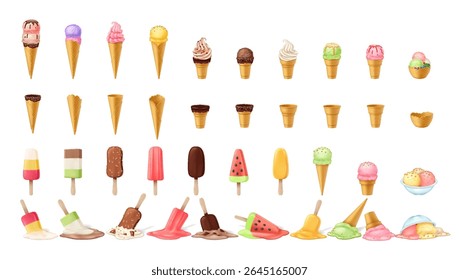 Coleção de cones de sorvete coloridos e picolés na ilustração digital. Inclui waffle cones, chocolatecovered guloseimas e conchas na tigela. As cores brilhantes do verão retratam o tema agradável e doce.