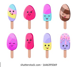 Collection of colorful ice cream in kawaii style on white background.