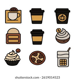 A collection of colorful icons depicting a variety of foods and beverages, emphasizing coffee and dessert concepts. Suitable for culinary, lifestyle, or cafe themes