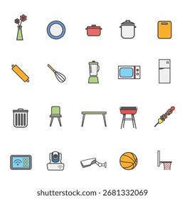 Coleção de ícones coloridos que retratam vários artigos domésticos, utensílios de cozinha, eletrodomésticos, móveis e equipamentos esportivos.