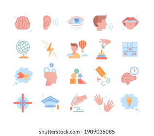 Collection of colorful icons. Human cognitive abilities and preschool development of kids. Fine motor skills, logical thinking, articulation. Set of vector illustrations isolated on white background