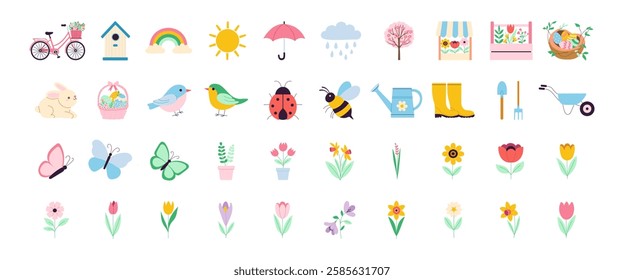 A collection of colorful icons, including a bicycle, a bird, a butterfly, a ladybug, a sun, a rain cloud, a house, a birdhouse, a basket, a flower, a potted plant, a bird feeder,