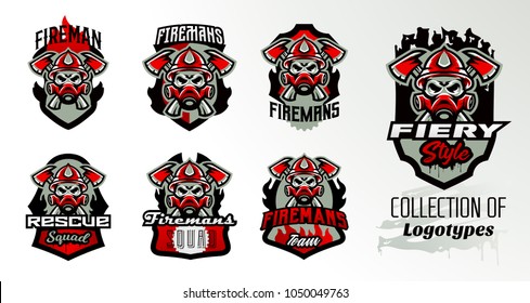 Collection of colorful icons, logos, stickers, emblems fireman s skull in a gas mask and axes. Protection, rescue squad, uniform, bones, tools, fire, shield, lettering, print. Vector illustration