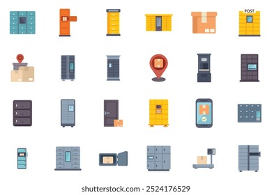 Collection of colorful icons representing automated parcel lockers for deliveries, often found in public places and residential buildings