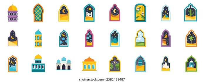 Collection of colorful icons representing islamic culture with mosques, minarets, desert landscapes and nights with crescent moon