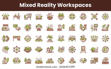 A collection of colorful icons representing mixed reality workspaces, featuring nature-inspired designs and innovative technology elements.