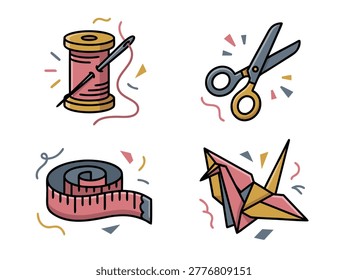 Collection of colorful icons representing sewing and origami crafts, including a spool of thread, scissors, measuring tape, and an origami crane.